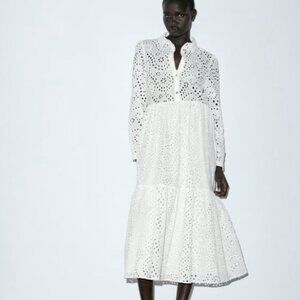 Zara White Eyelet Tiered Midi Dress - sz M